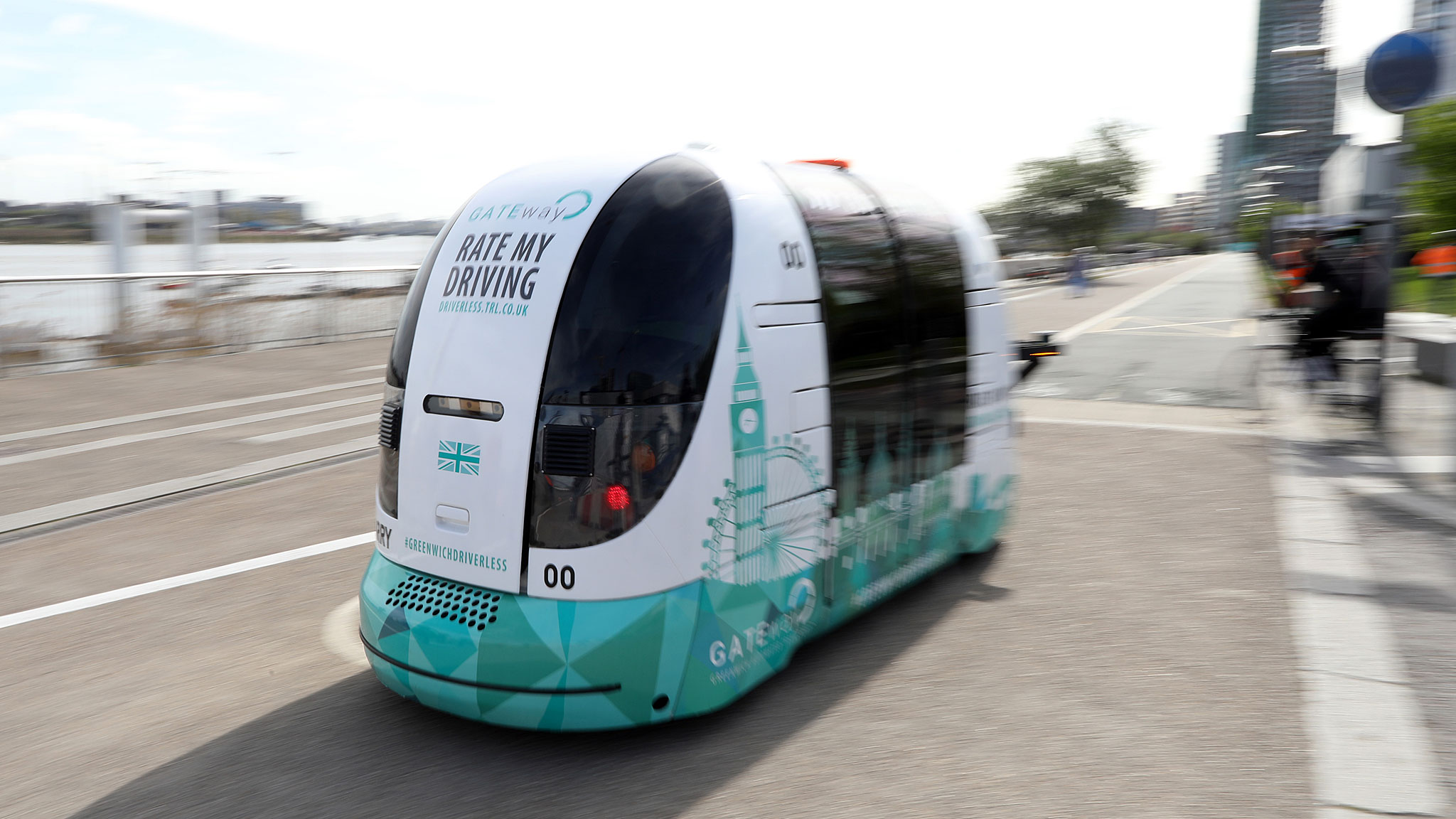 Boarding a driverless bus test